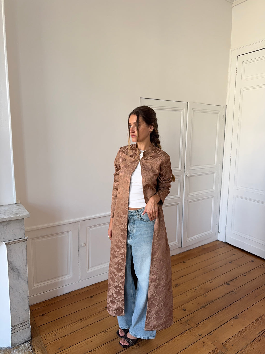 Veste longue upcyclée satinée cuivrée - S