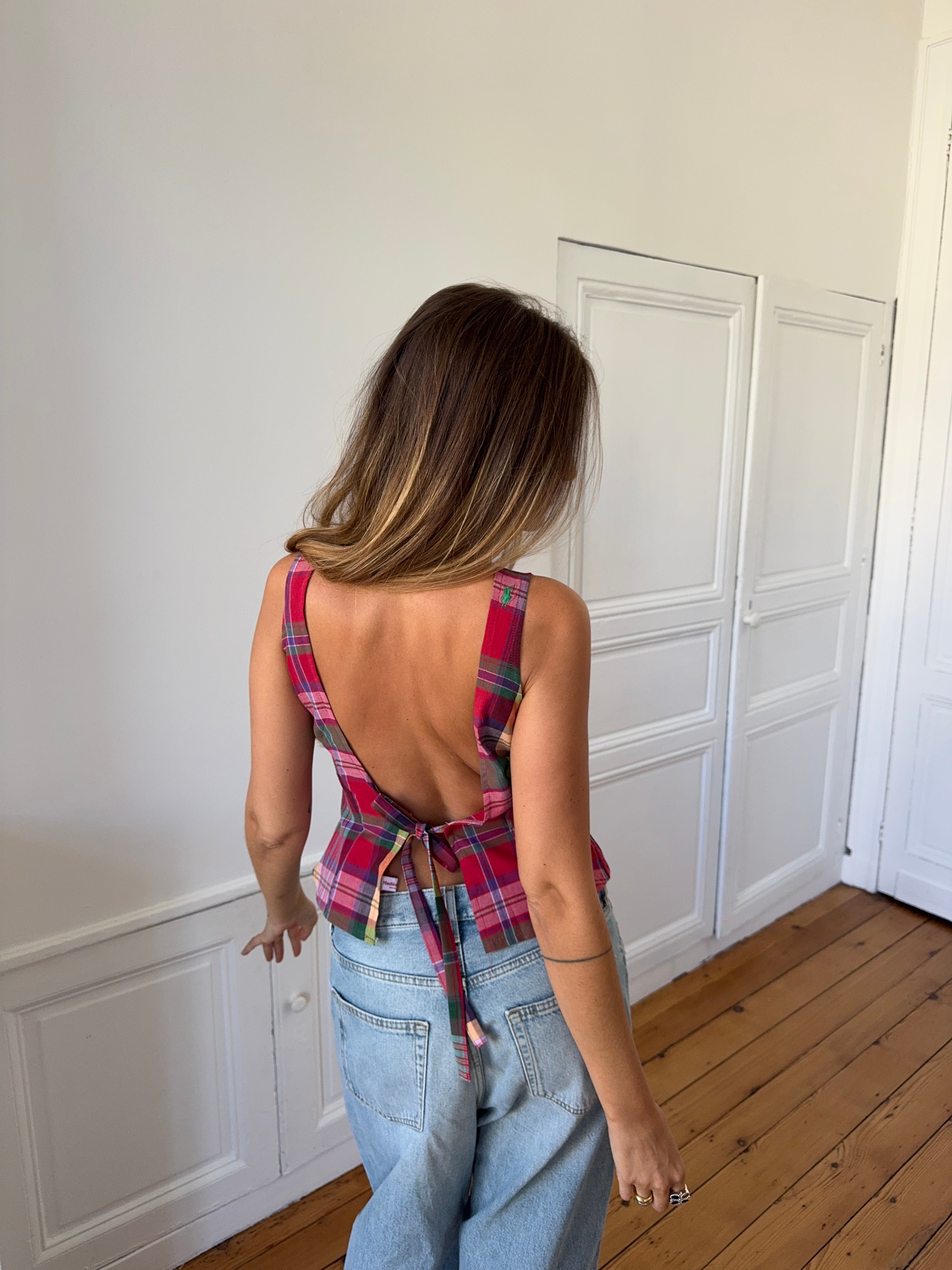 Top dos nu upcyclé à carreaux - XS