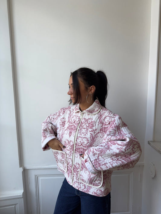Veste upcyclée matelassée blanche à motifs