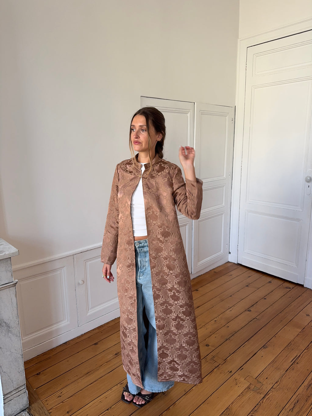 Veste longue upcyclée satinée cuivrée - S