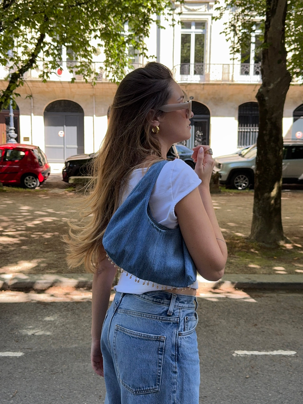 Sac upcyclé denim et perles vintage - petit