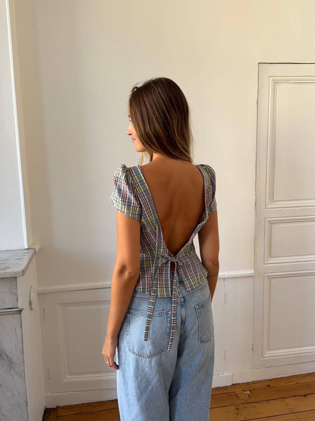 Top dos nu upcyclé à carreaux - M