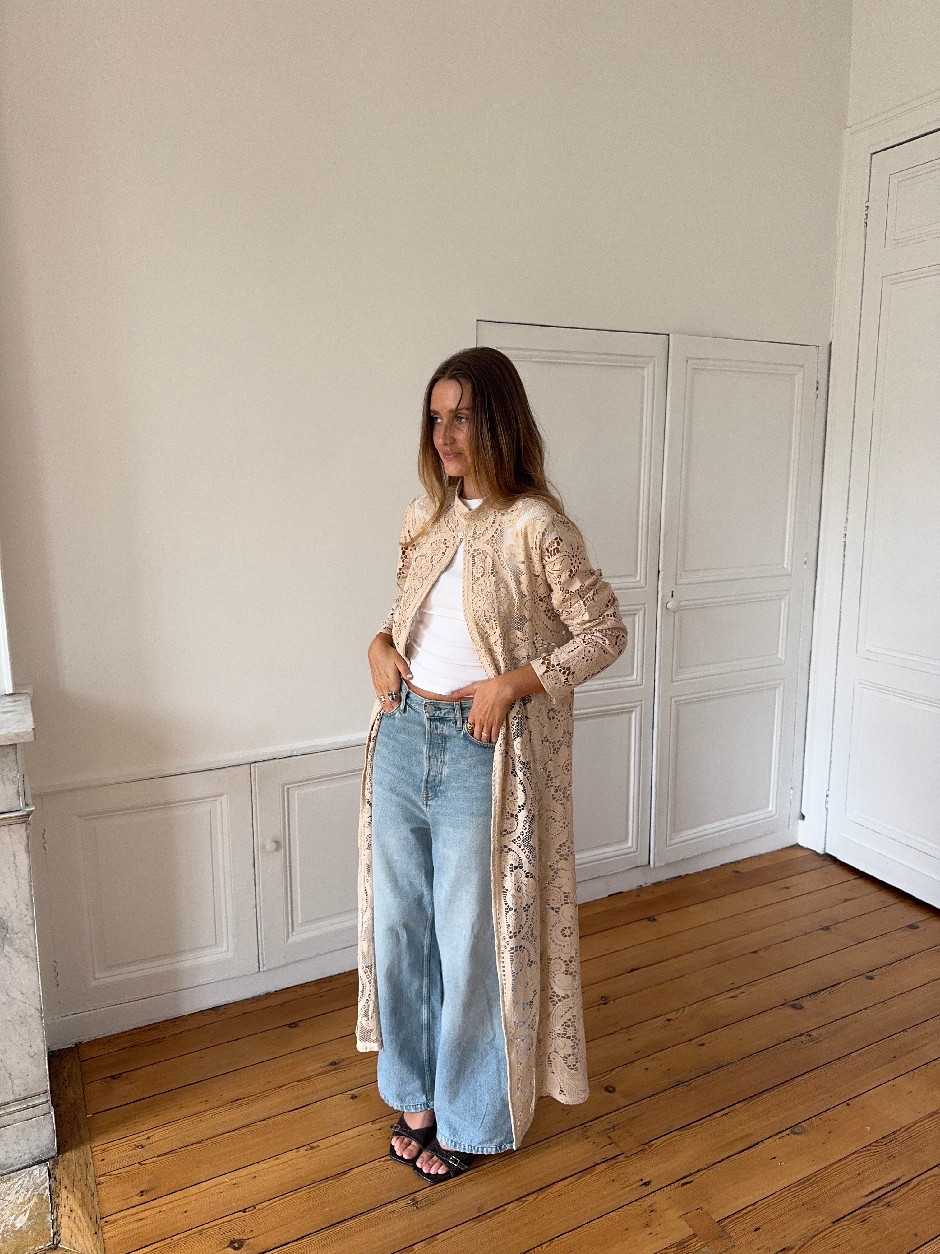 Veste longue upcyclée beige - S