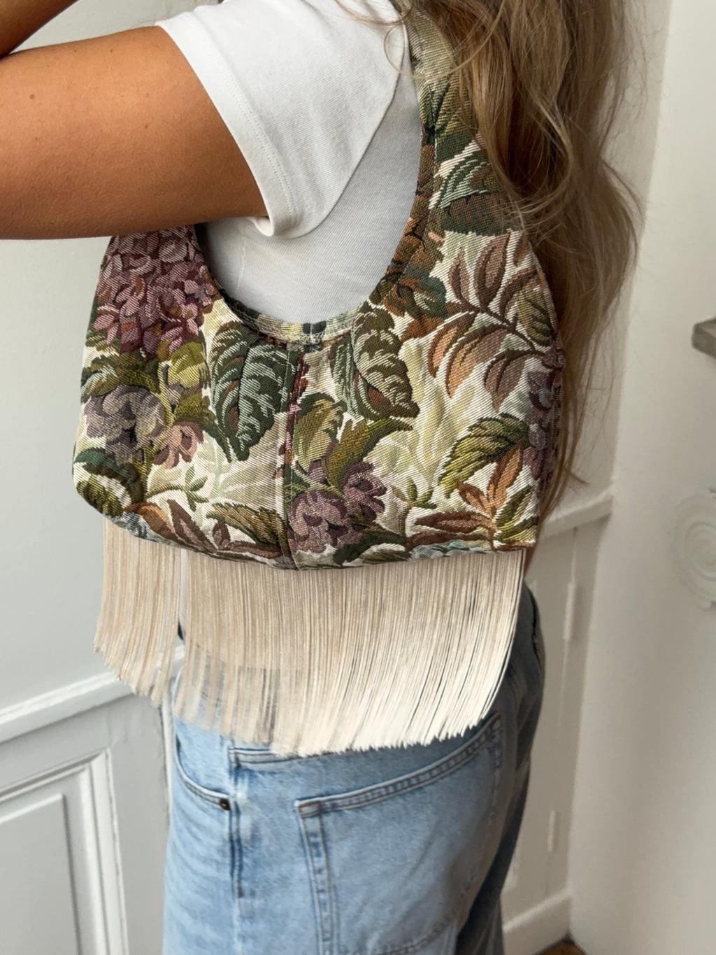 Upcycled floral bag with fringe