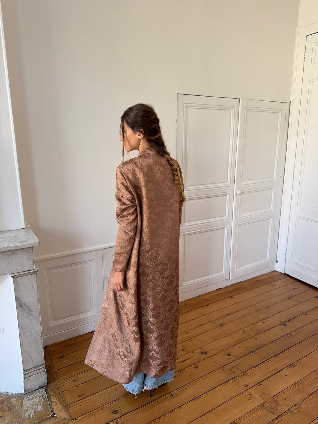 Veste longue upcyclée satinée cuivrée - S