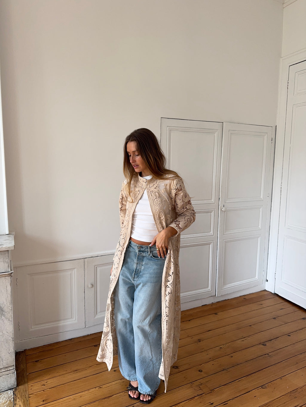 Veste longue upcyclée beige - S