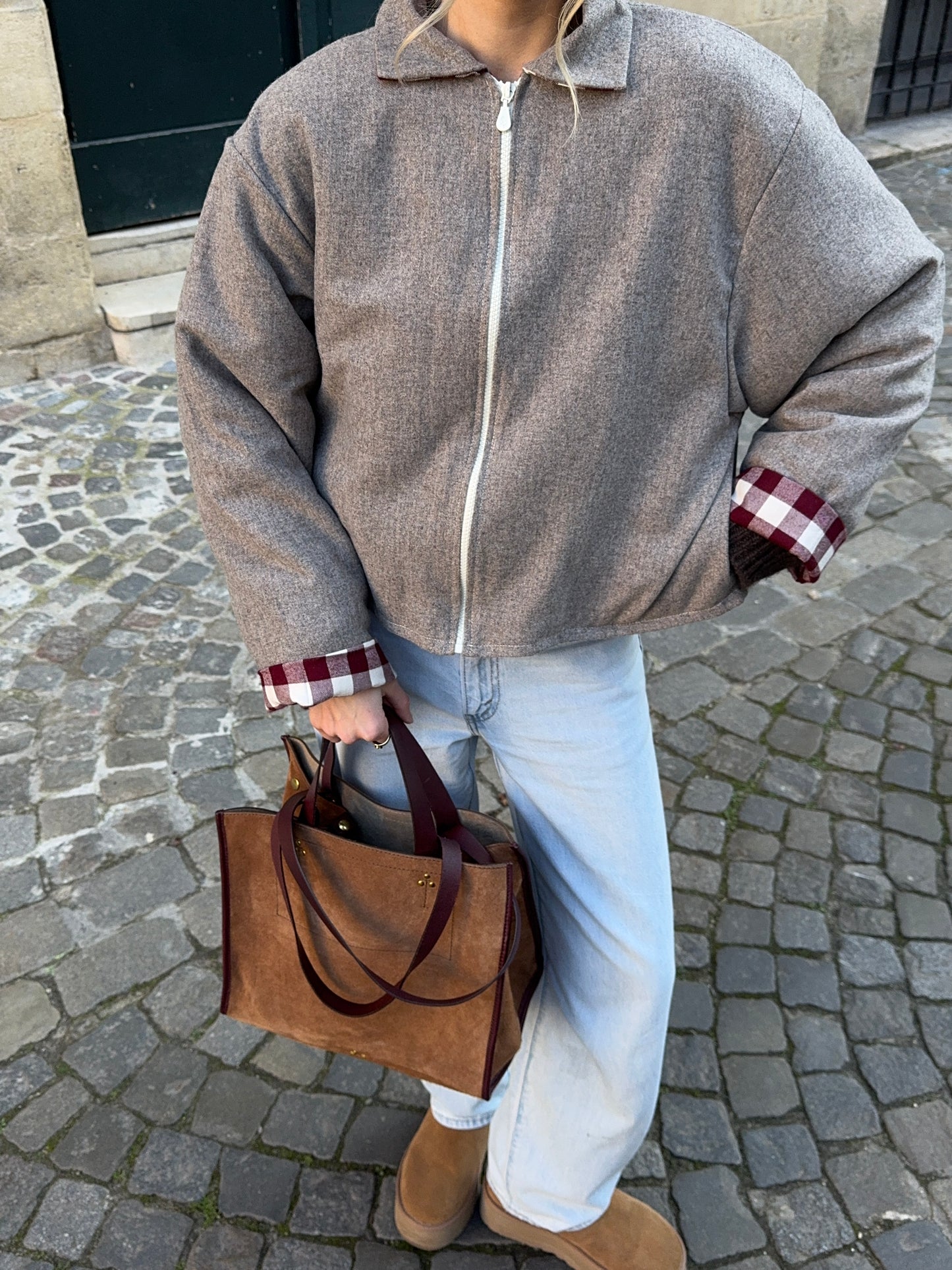 Veste laine taupe vichy bordeaux