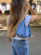 Sac upcyclé denim et perles vintage - petit