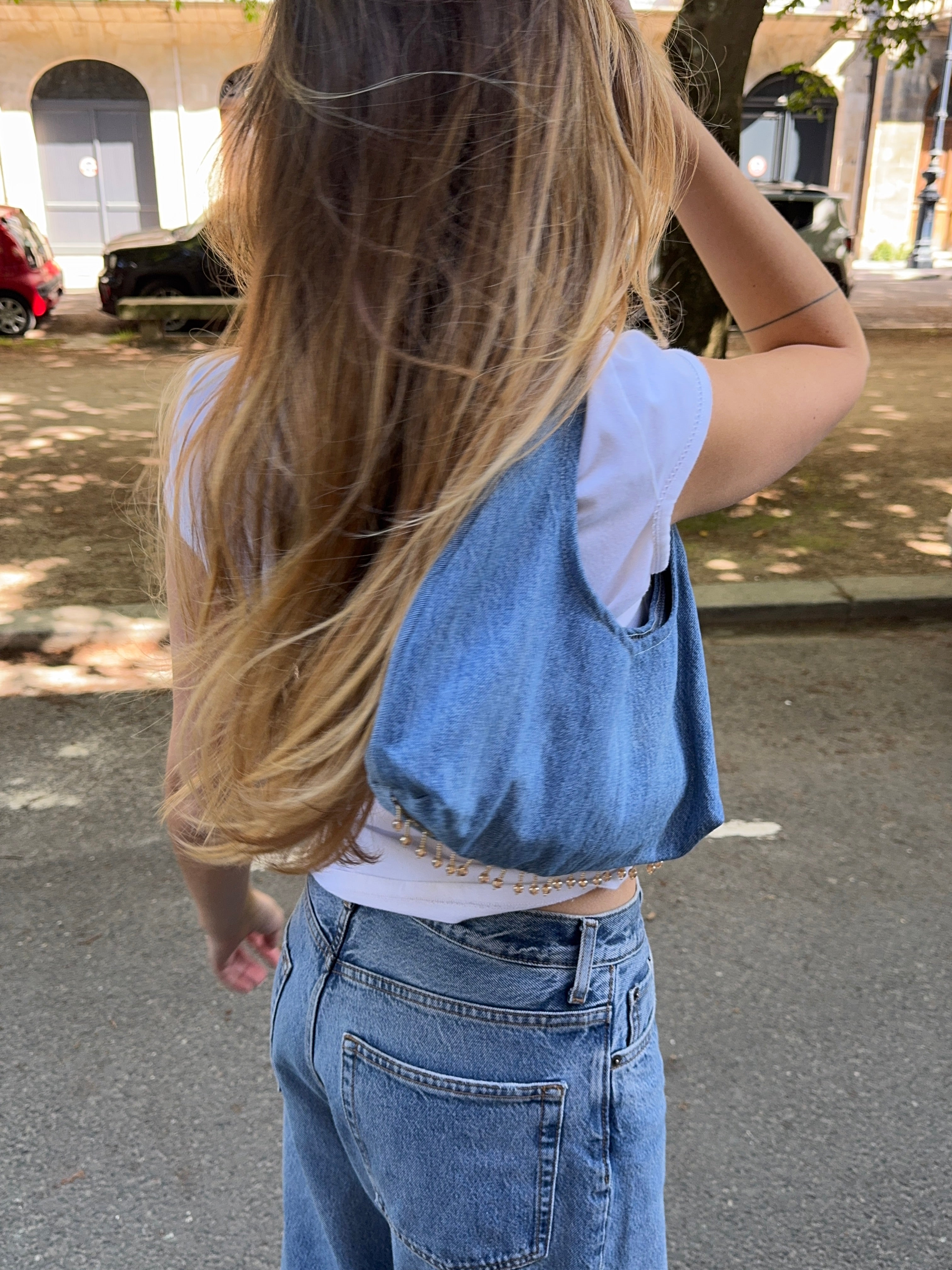 Sac upcyclé denim et perles vintage - petit