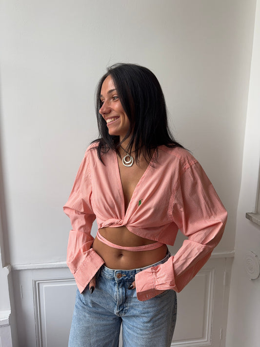 Chemise upcyclée cache-cœur à petits carreaux orange