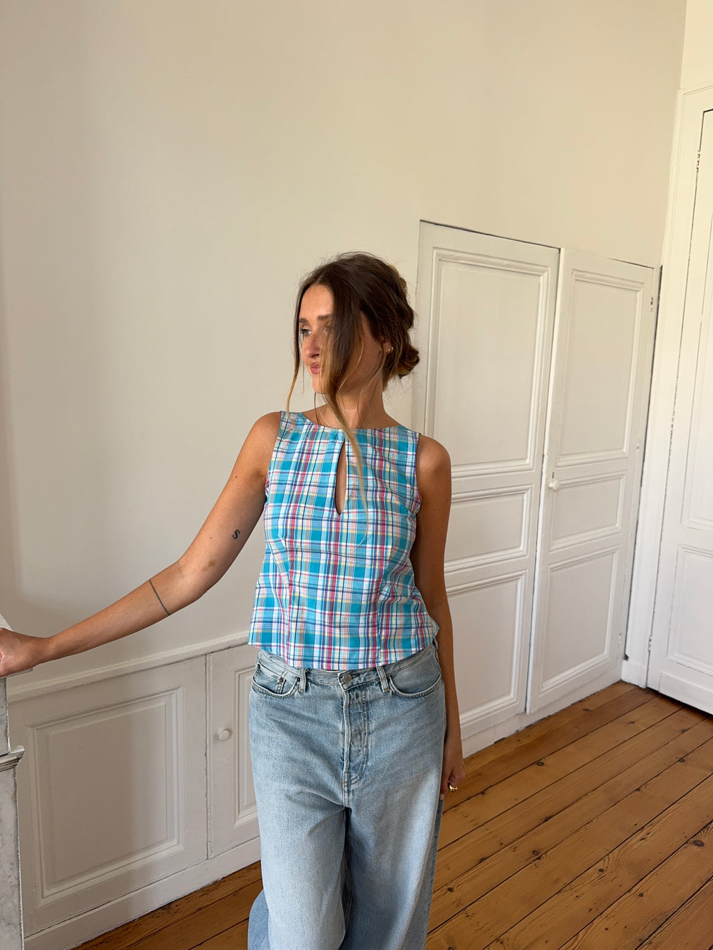 Top dos nu upcyclé à carreaux - S