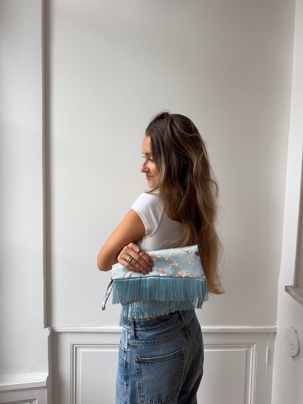 Cream satin upcycled pouch with fringe