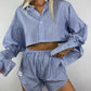 Ensemble upcyclé bleu chiné à rayures blanches