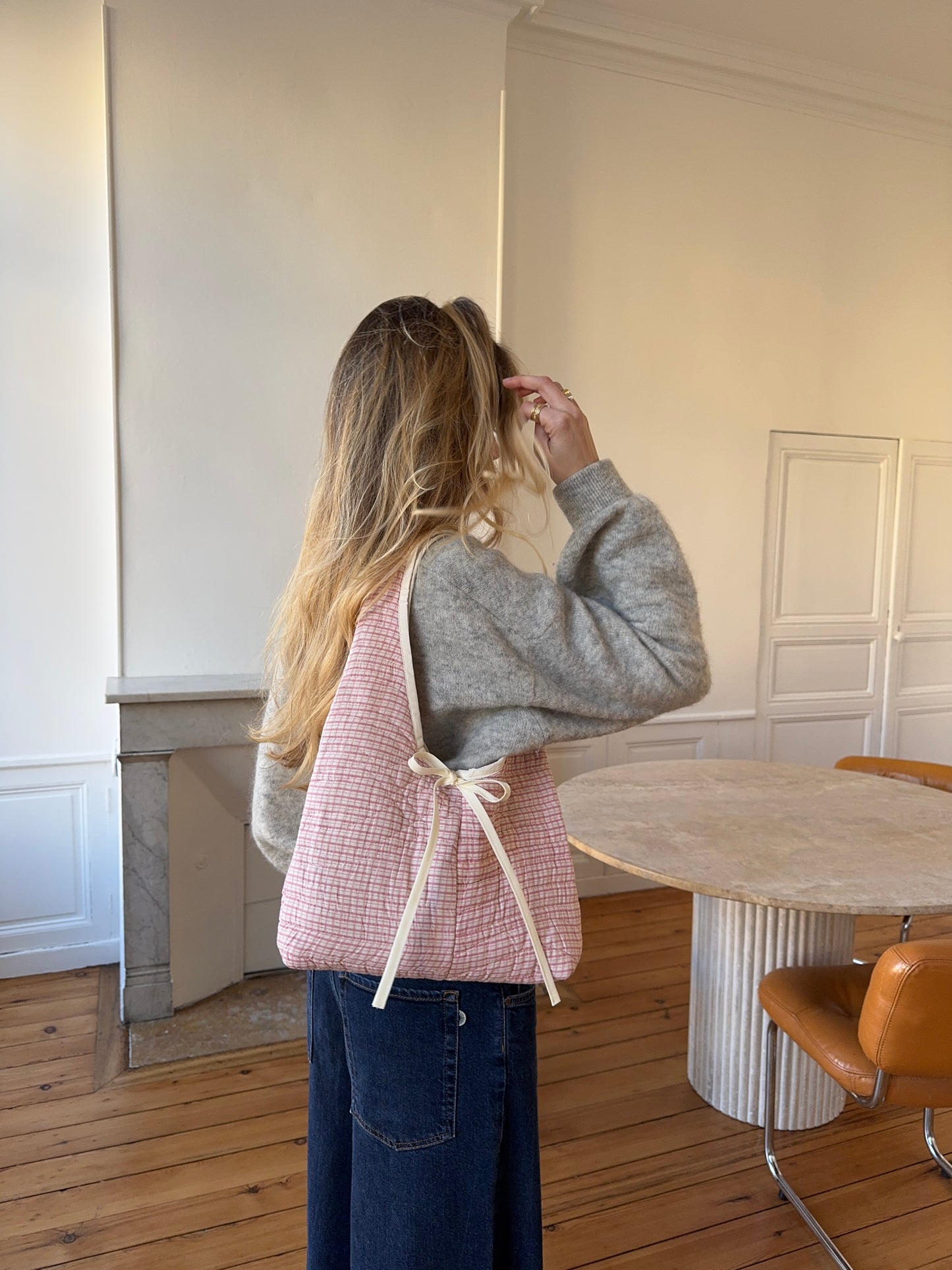 Sac upcyclé matelassé à carreaux roses