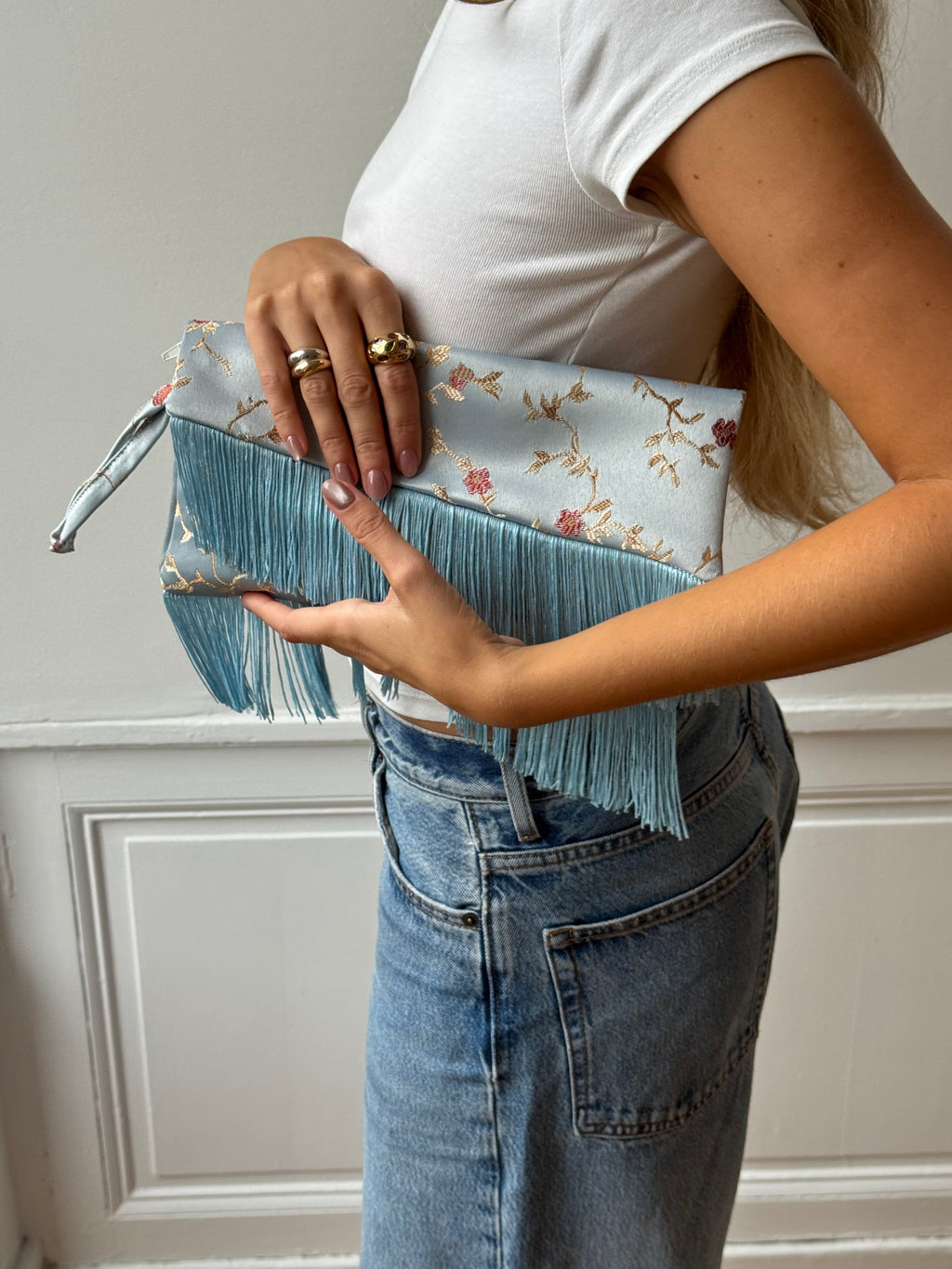 Cream satin upcycled pouch with fringe