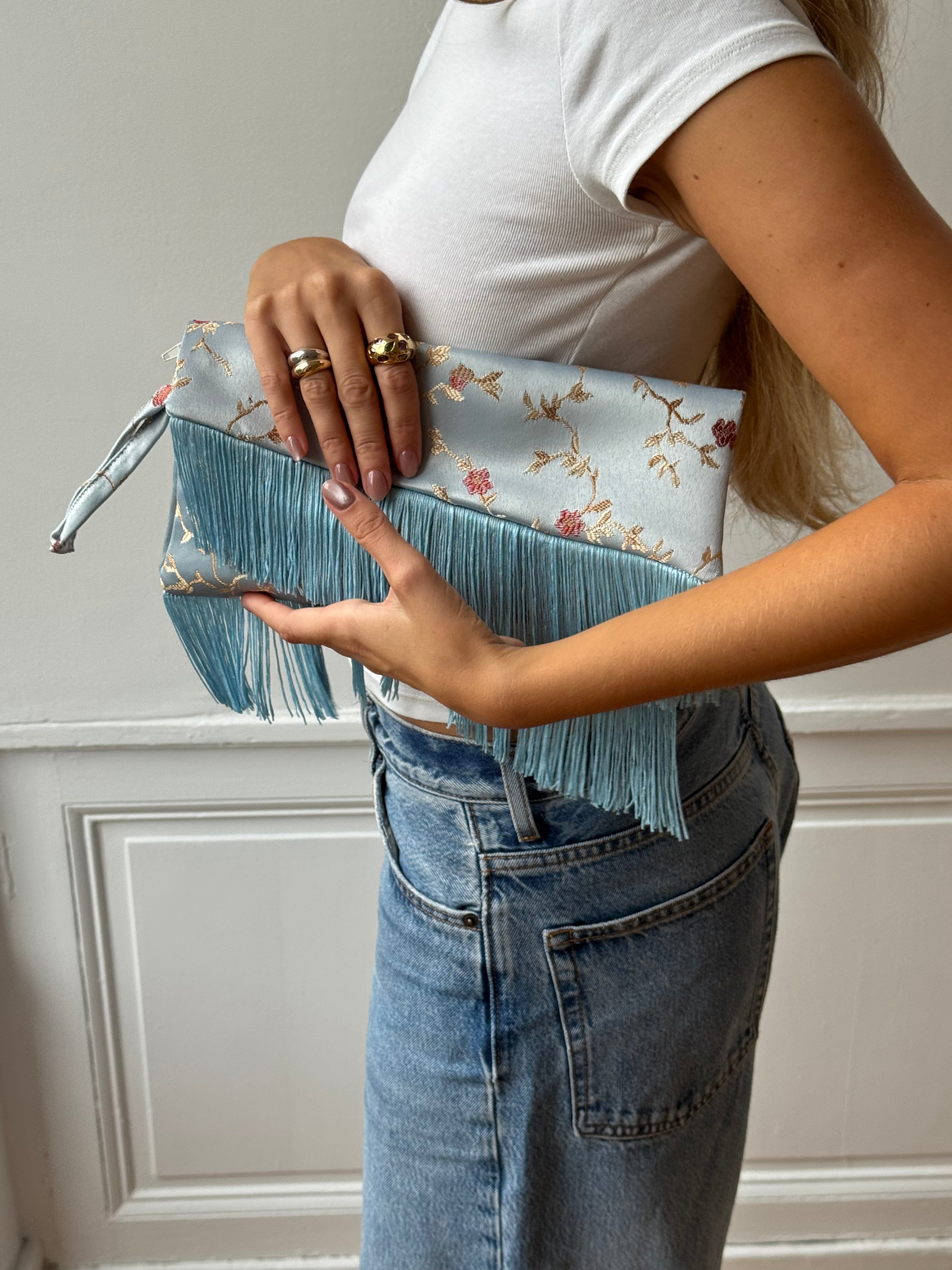 Cream satin upcycled pouch with fringe