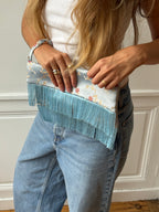Cream satin upcycled pouch with fringe