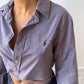 Chemise upcyclée dos nu violette à petits carreaux