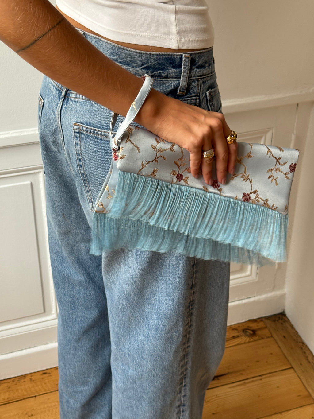 Cream satin upcycled pouch with fringe
