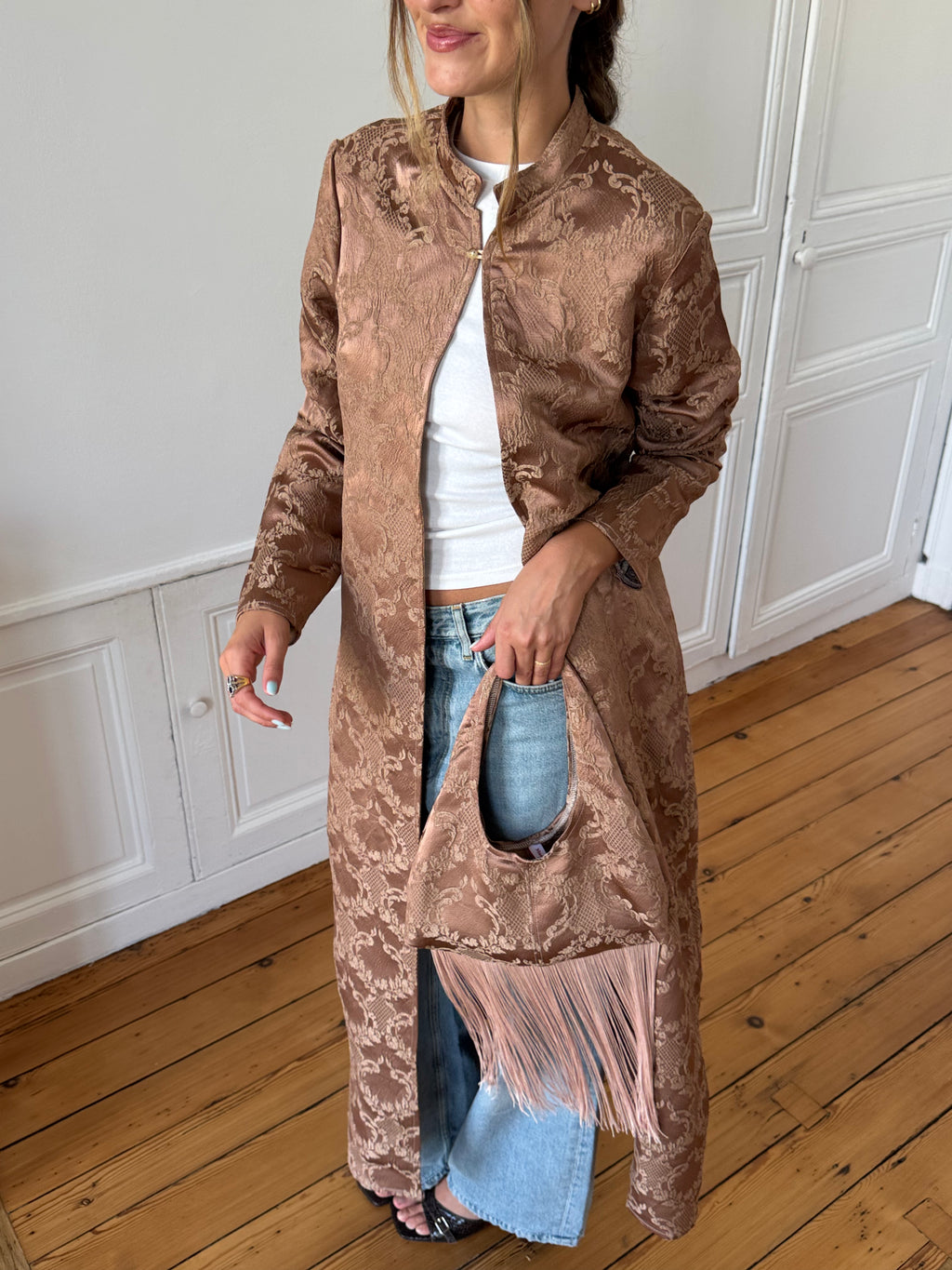 Veste longue upcyclée satinée cuivrée - S