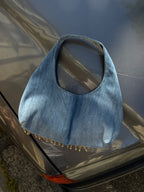 Sac upcyclé denim et perles vintage - petit