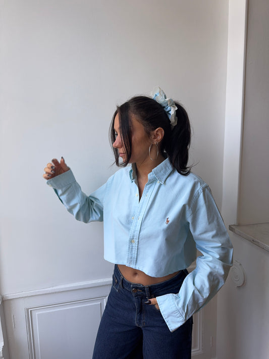 Chemise upcyclée ciel + chouchou