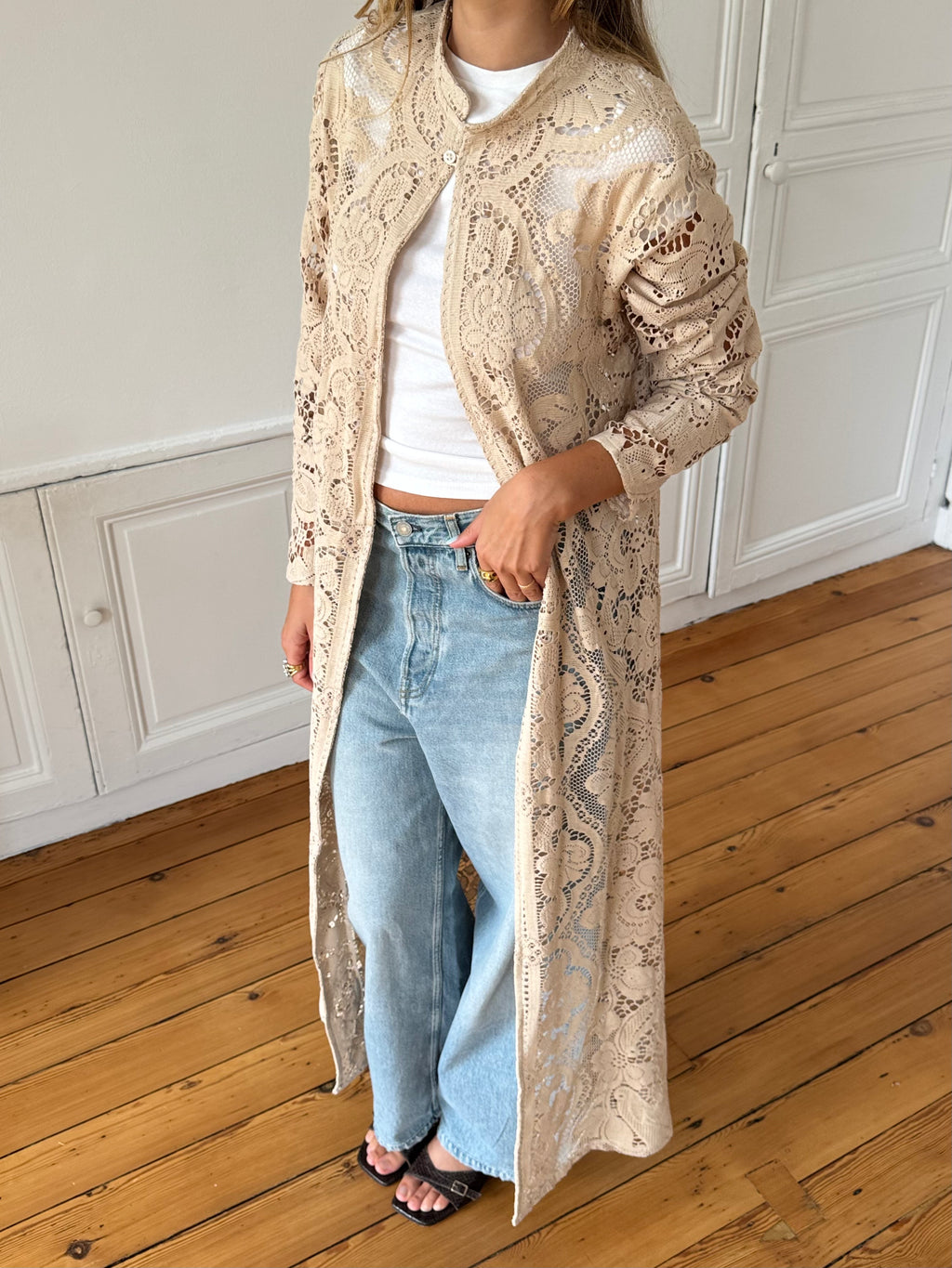 Veste longue upcyclée beige - S