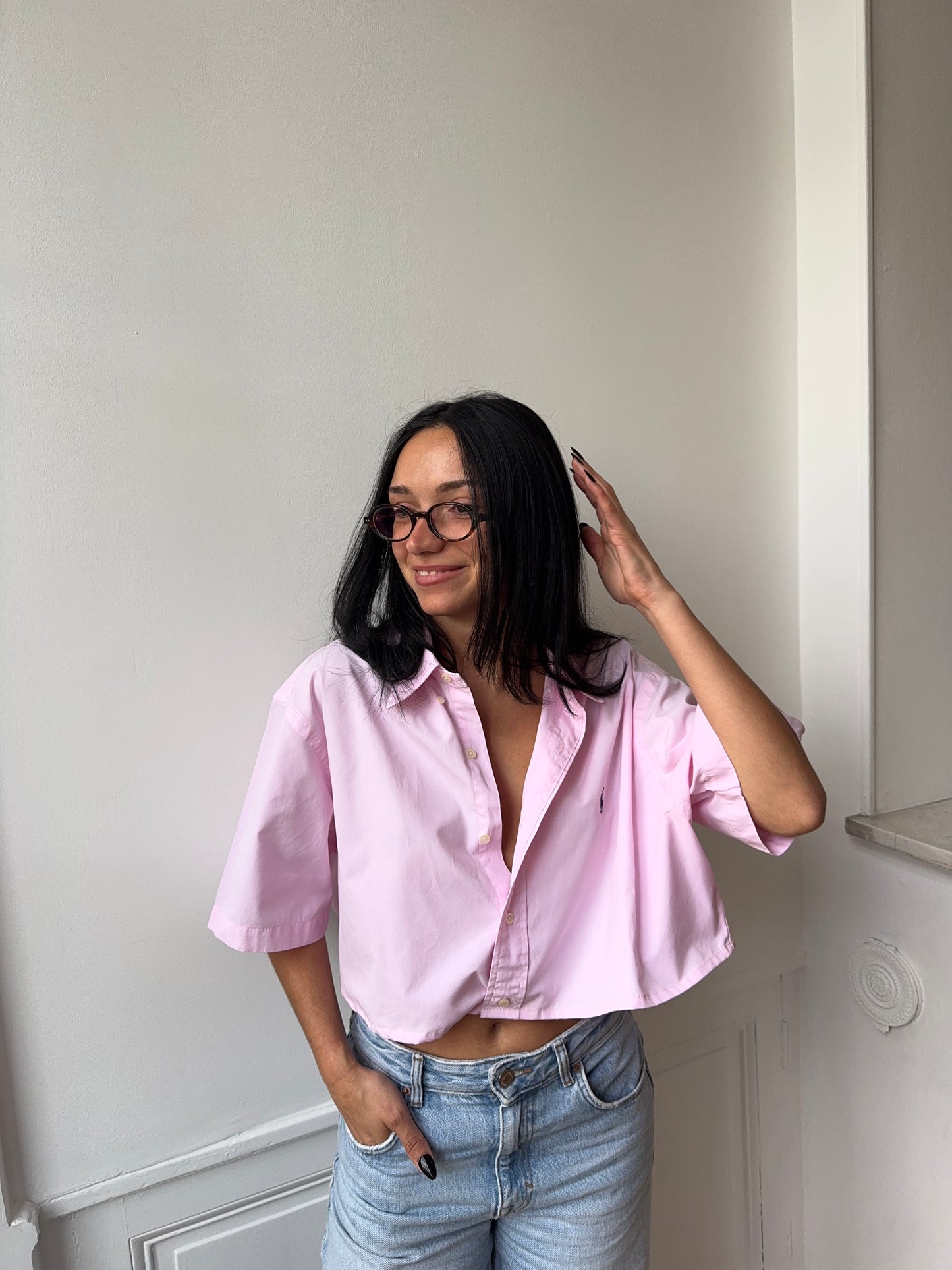 Chemisette upcyclée dos nu rose