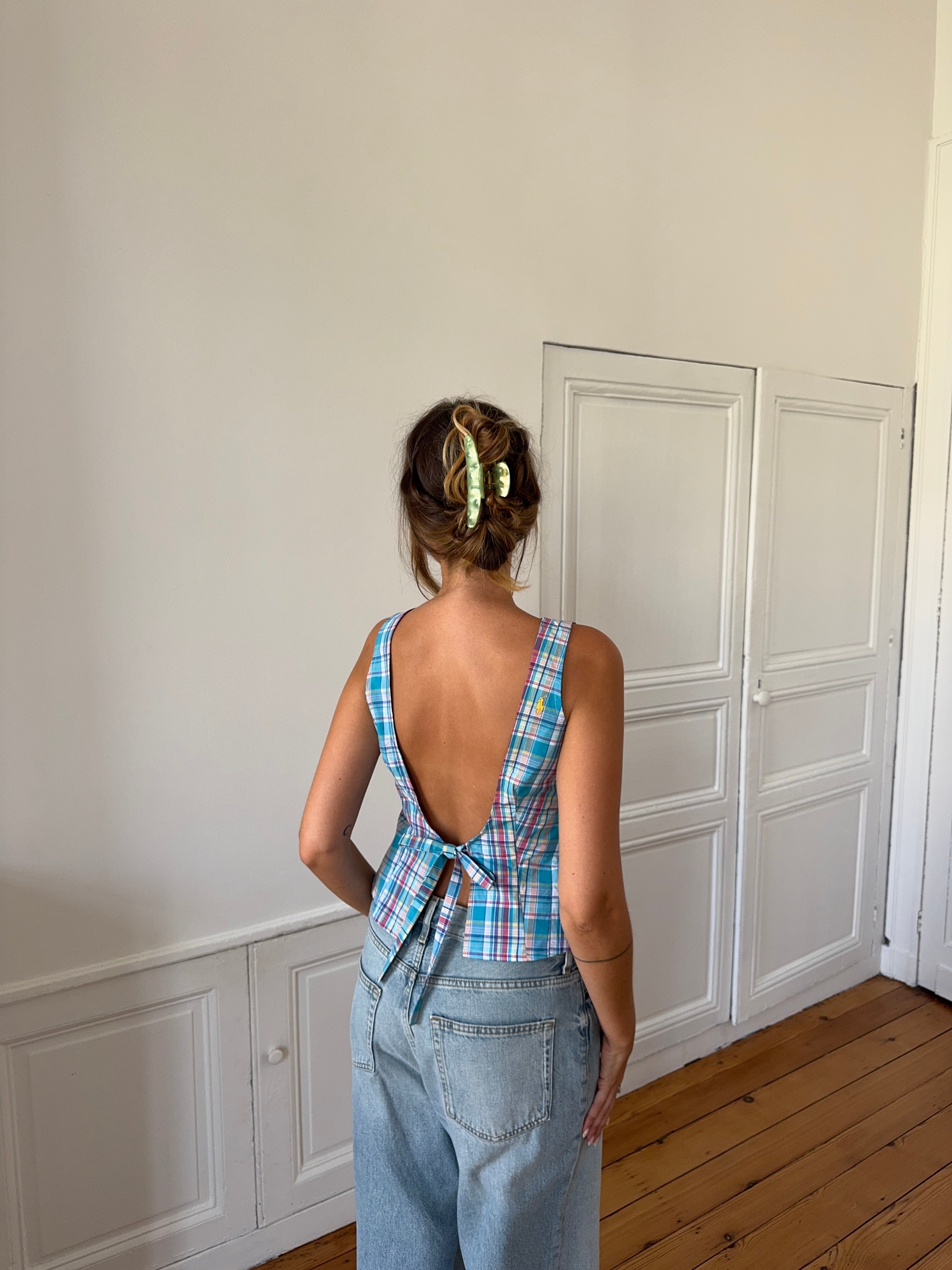 Top dos nu upcyclé à carreaux - S