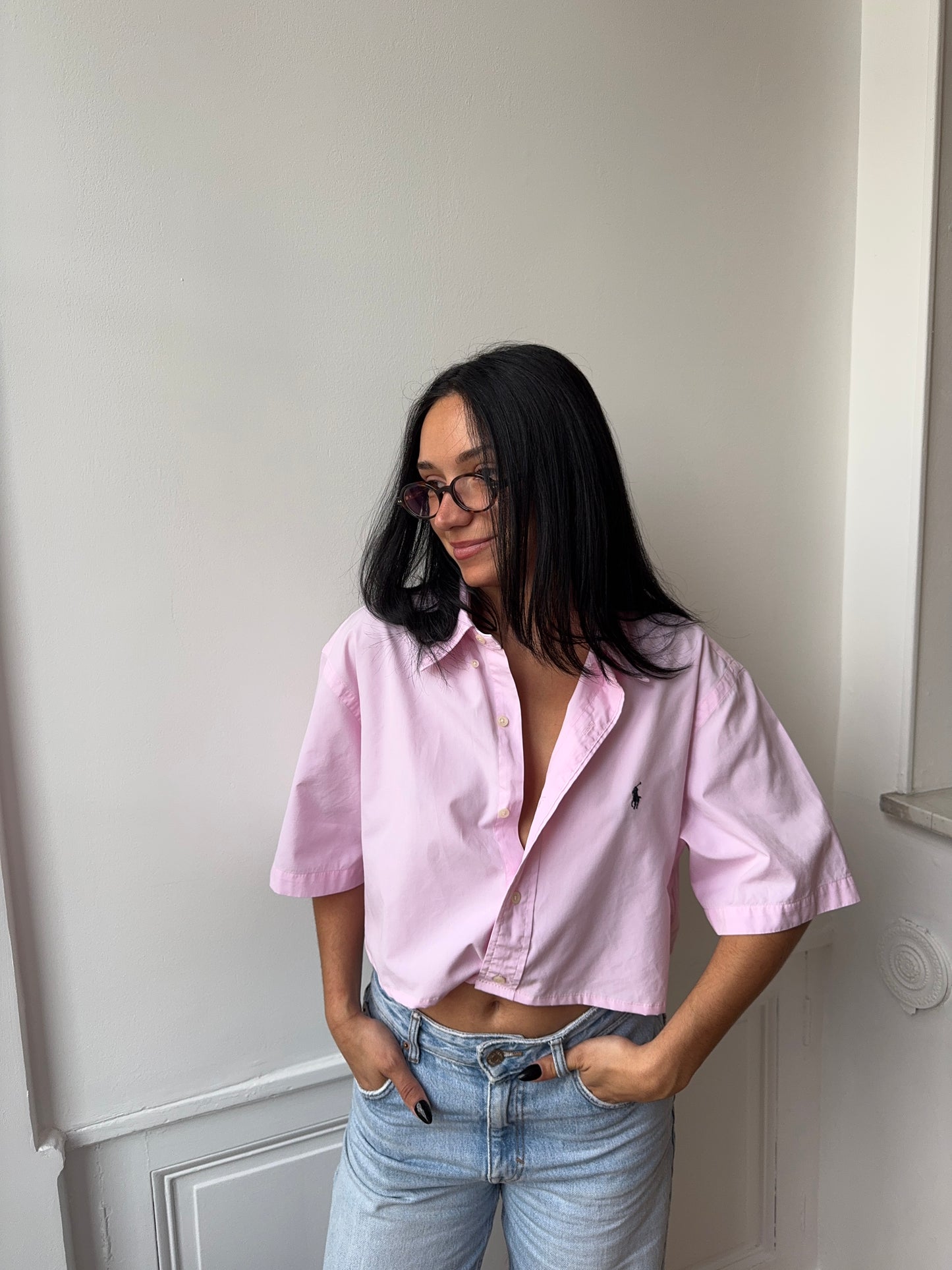 Chemisette upcyclée dos nu rose