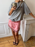 Jupe upcyclée satinée rose et franges