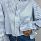 Chemise upcyclée dos nu bleu clair à rayures