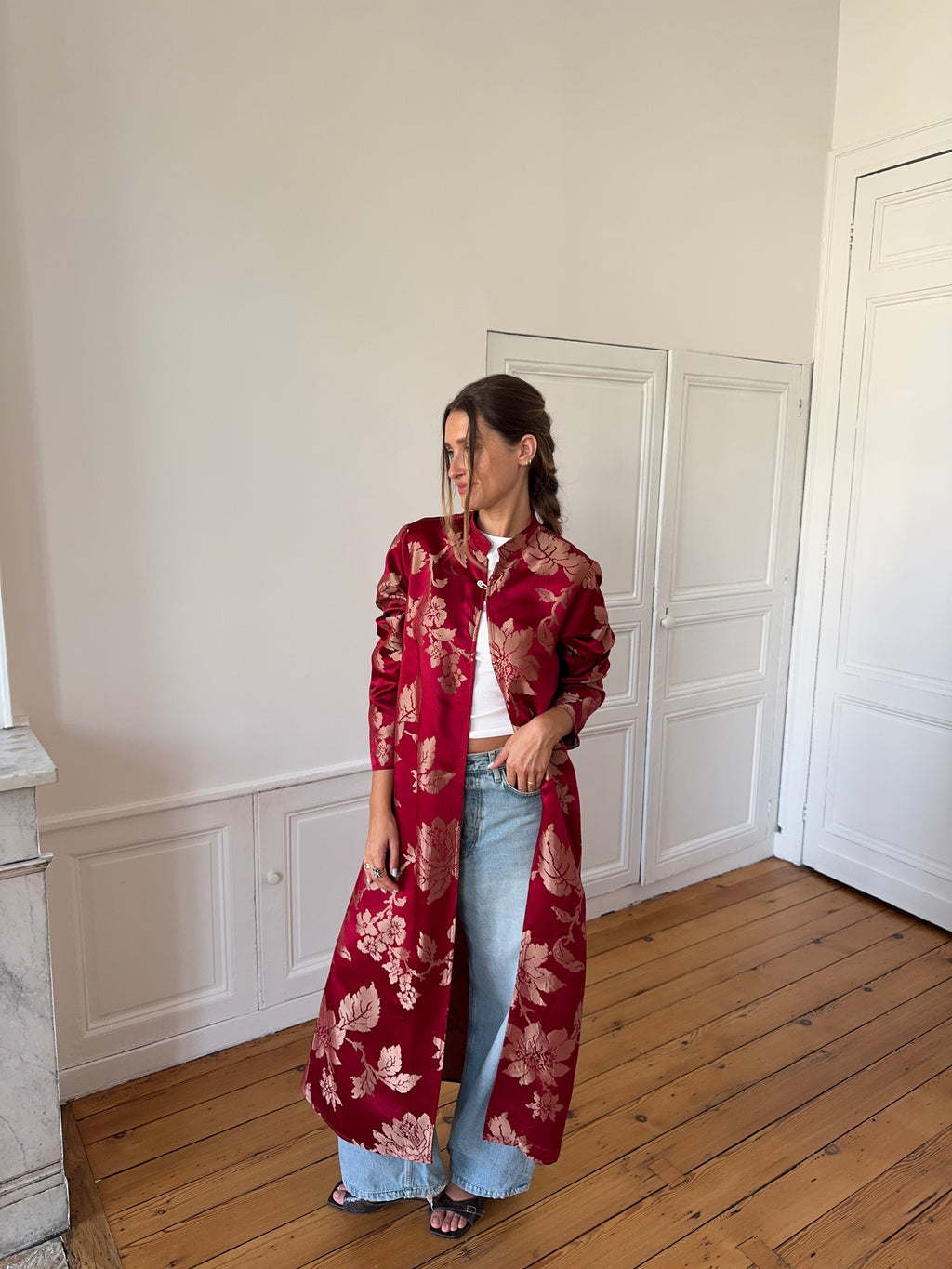 Veste longue upcyclée satinée rouge - M