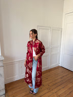 Veste longue upcyclée satinée rouge - M