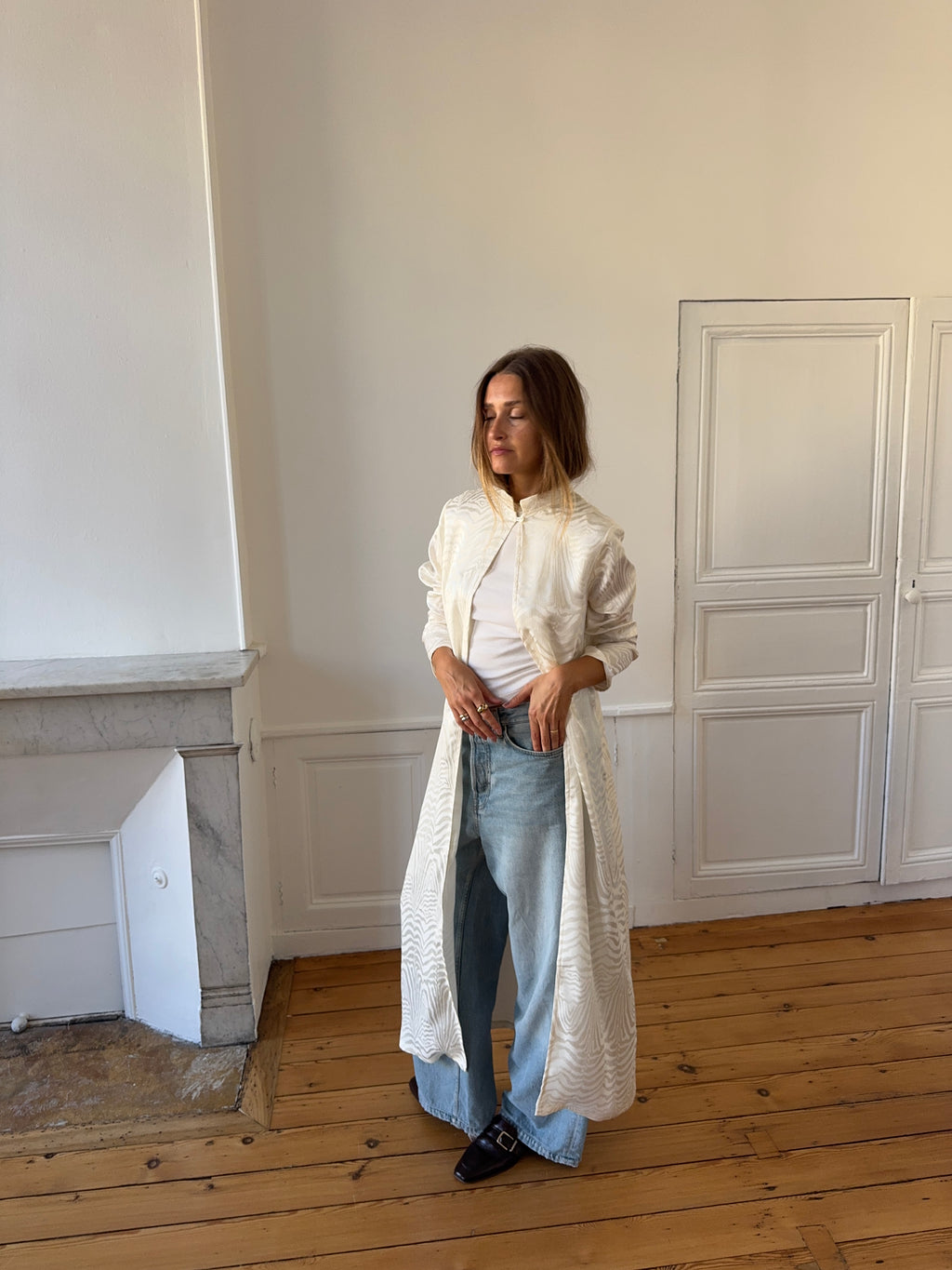 Veste longue fine upcyclée soie zébrée - M