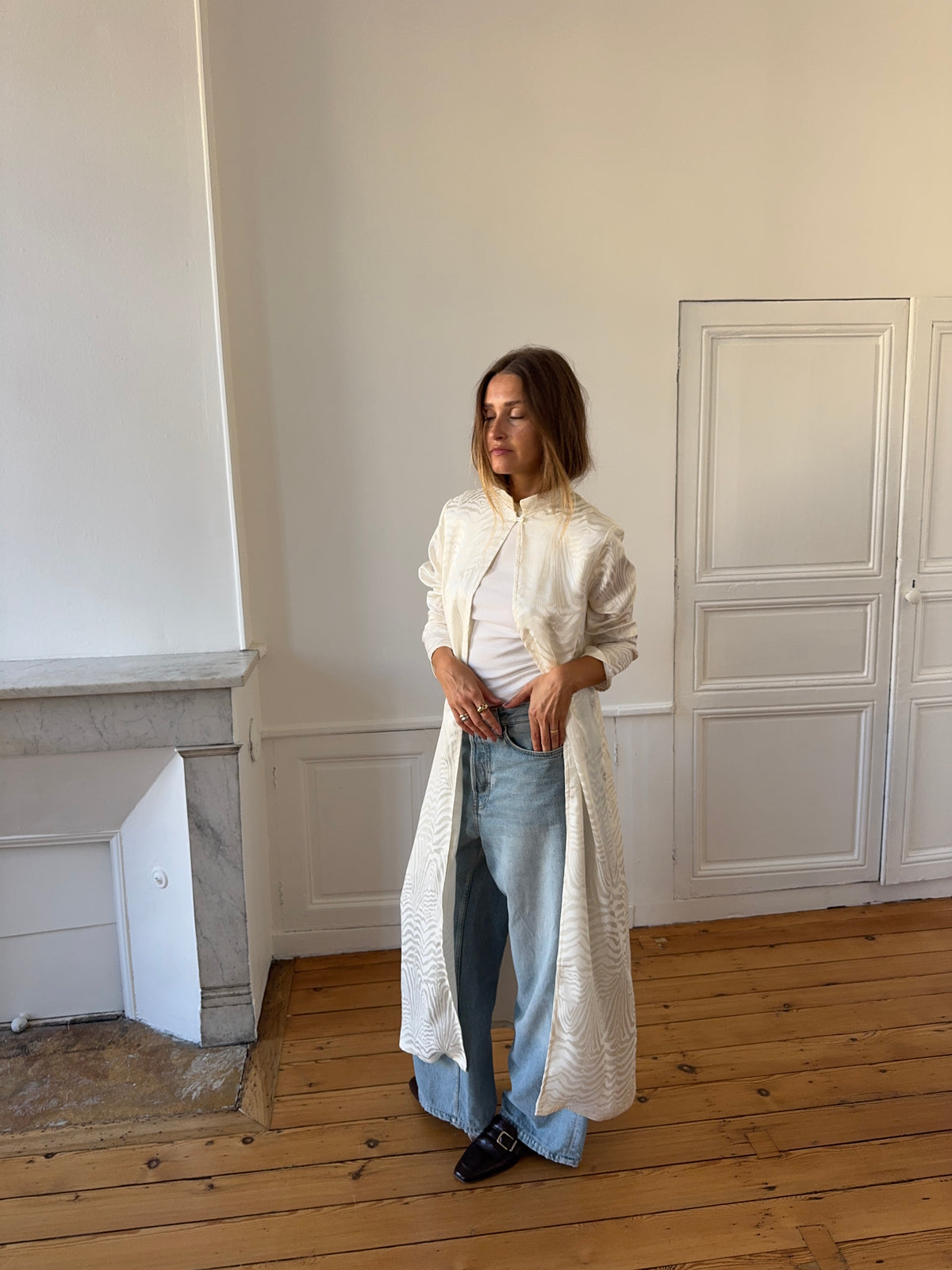 Veste longue fine upcyclée soie zébrée - M