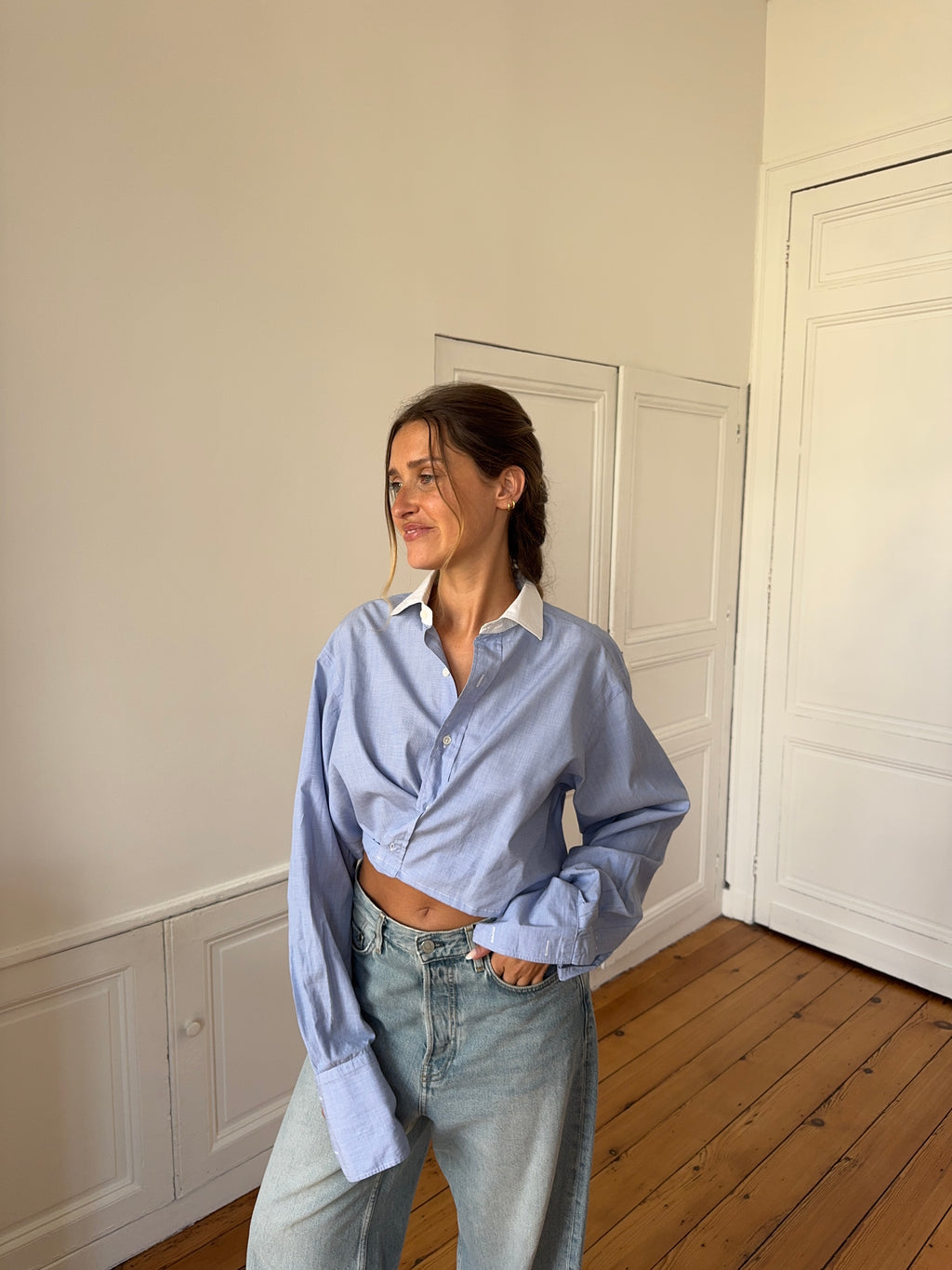 Chemise upcyclée dos nu bleu chiné - S/M