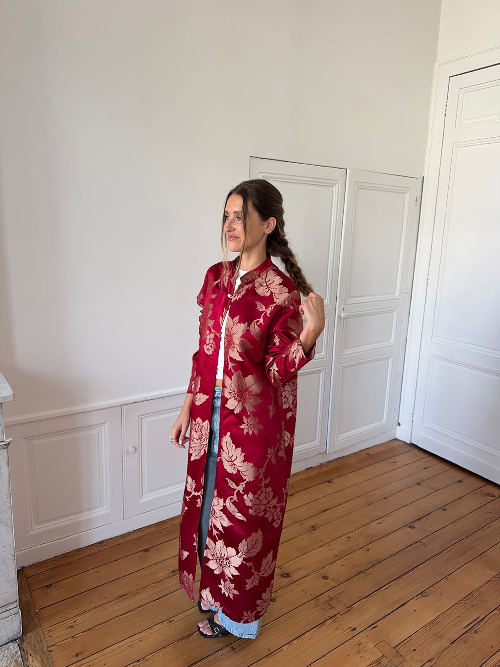 Veste longue upcyclée satinée rouge - M