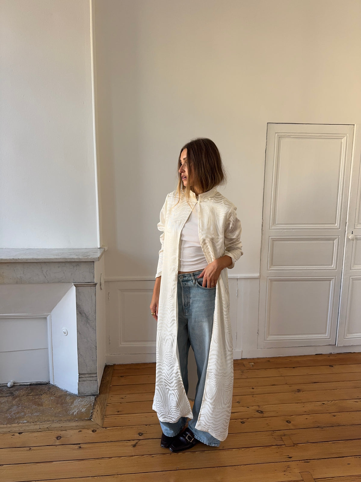 Veste longue fine upcyclée soie zébrée - M