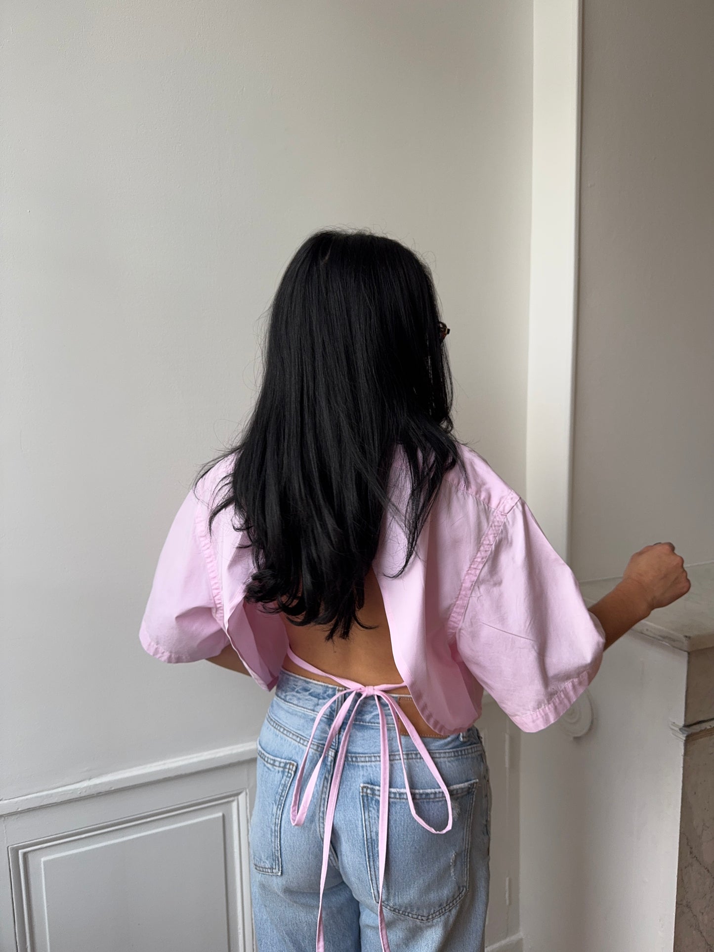 Chemisette upcyclée dos nu rose