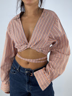 Chemise upcyclée cache-cœur orange à rayures