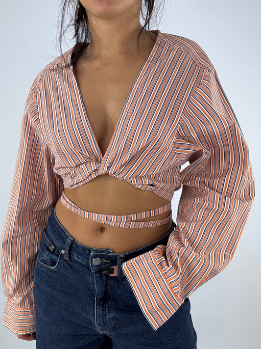 Chemise upcyclée cache-cœur orange à rayures