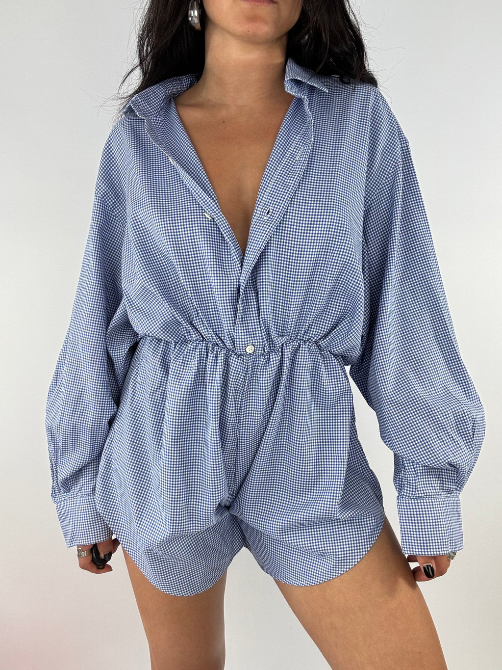 Combinaison upcyclée vichy bleu