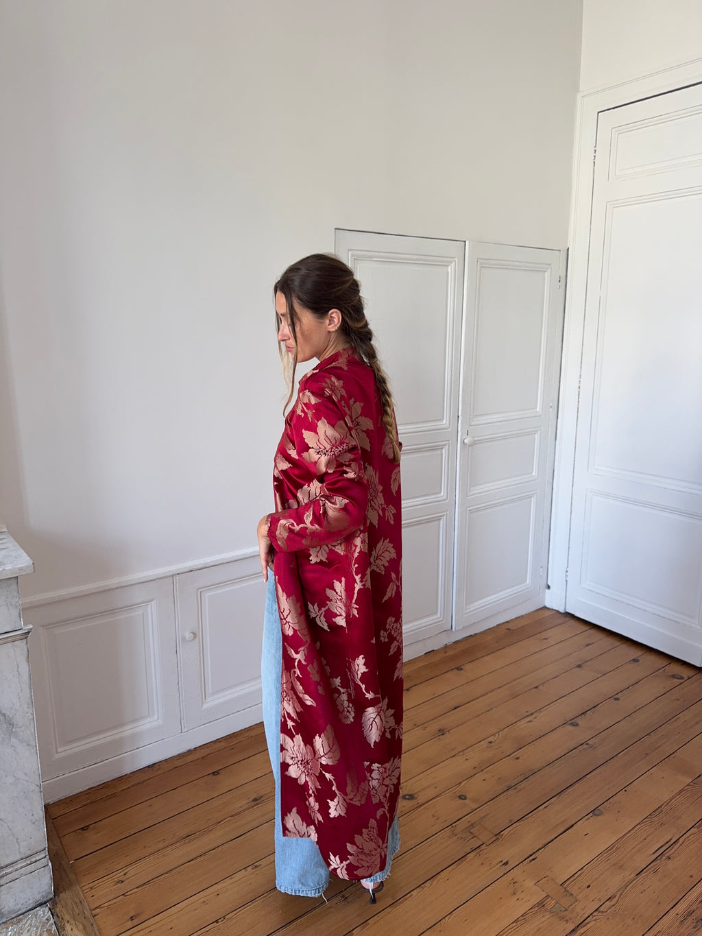 Veste longue upcyclée satinée rouge - M