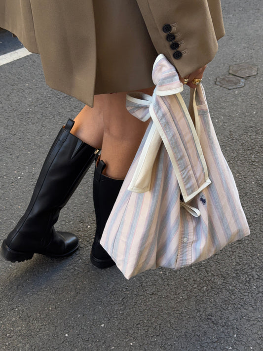 Sac upcyclé nœud beige à rayures
