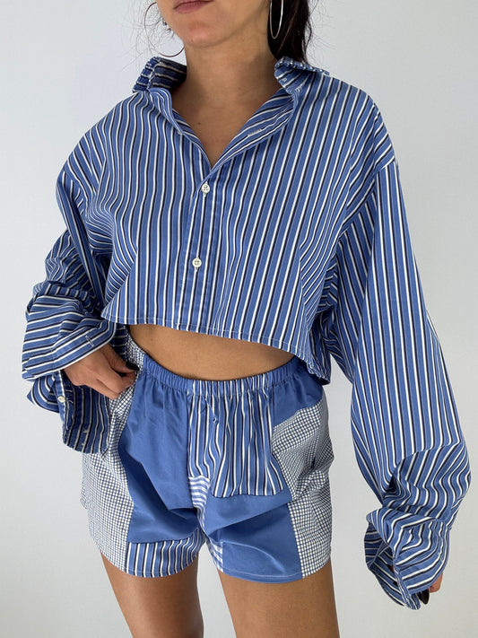 Ensemble upcyclé bleu à rayures et patchwork