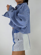 Ensemble upcyclé bleu à rayures et patchwork