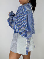 Ensemble upcyclé bleu à rayures et patchwork