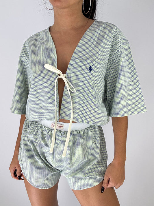 Ensemble upcyclé à carreaux verts et bleus