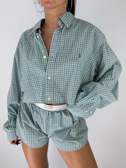 Ensemble upcyclé à carreaux verts et bleus